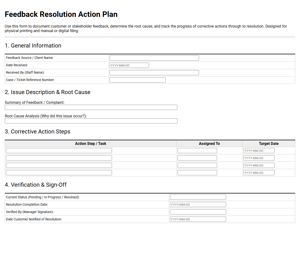 Feedback Resolution Action Plan