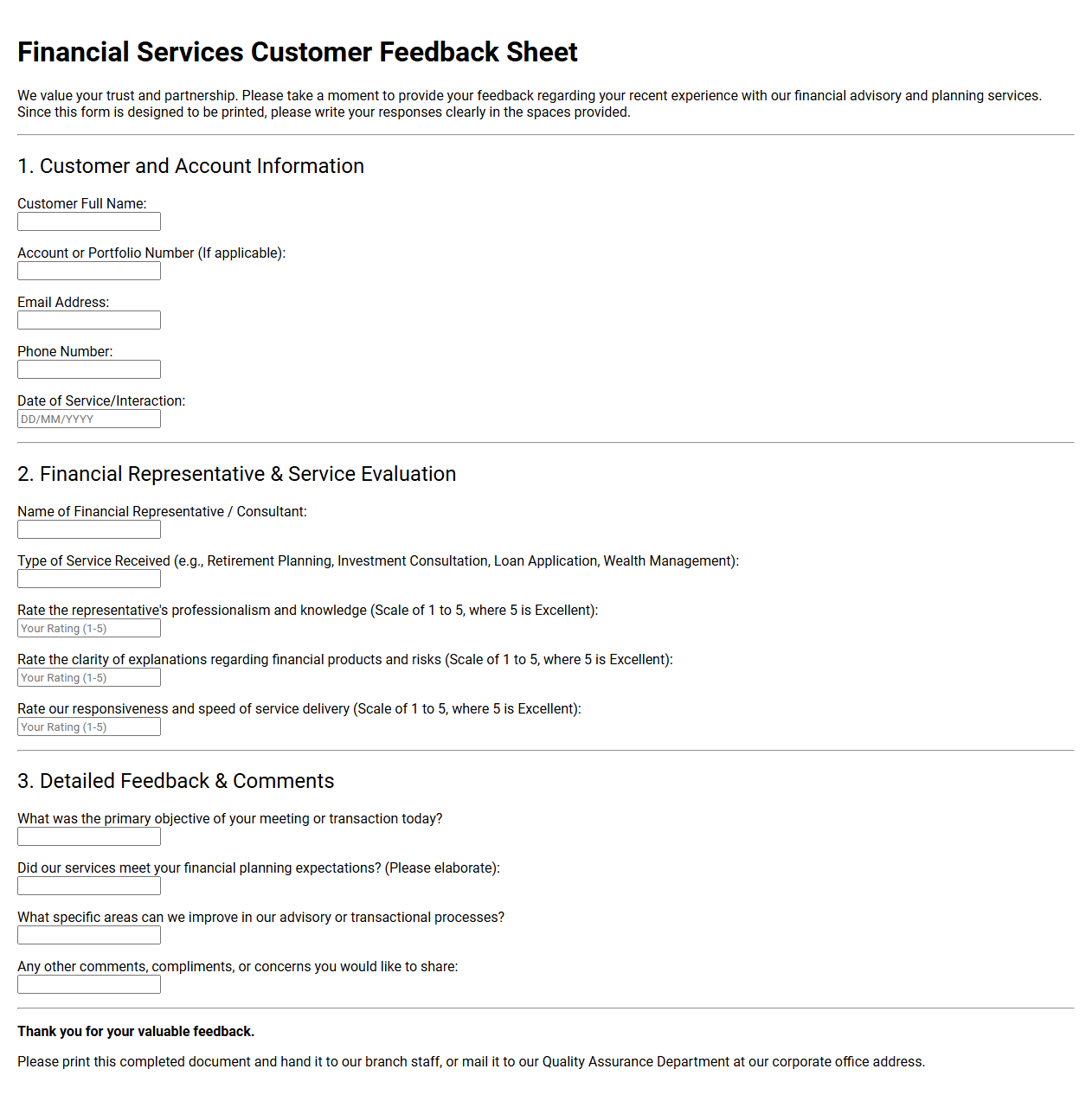 Financial Services Customer Feedback Sheet