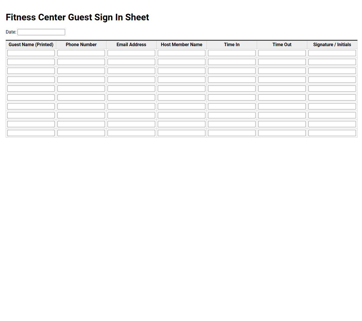 Fitness Center Guest Sign In Sheet