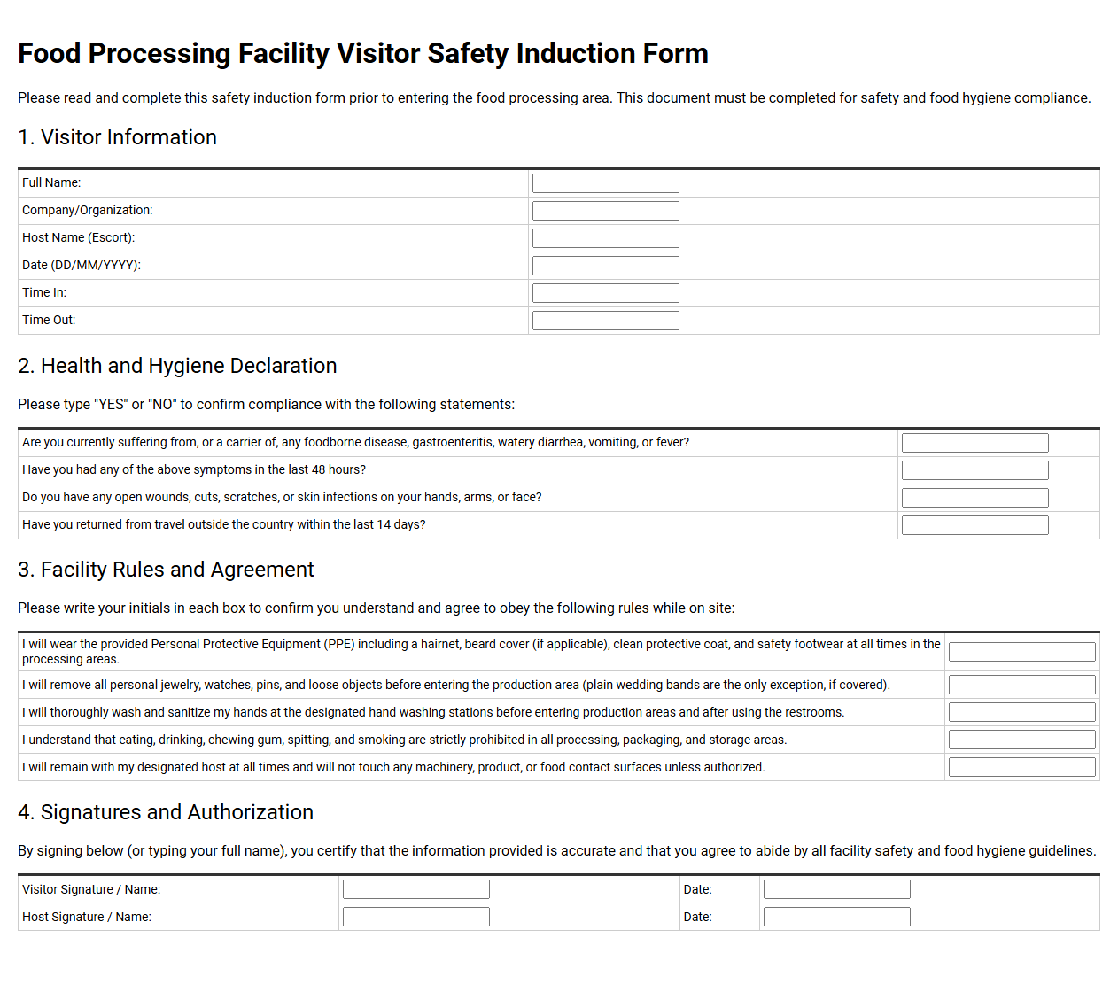 Food Processing Facility Visitor Safety Induction Form