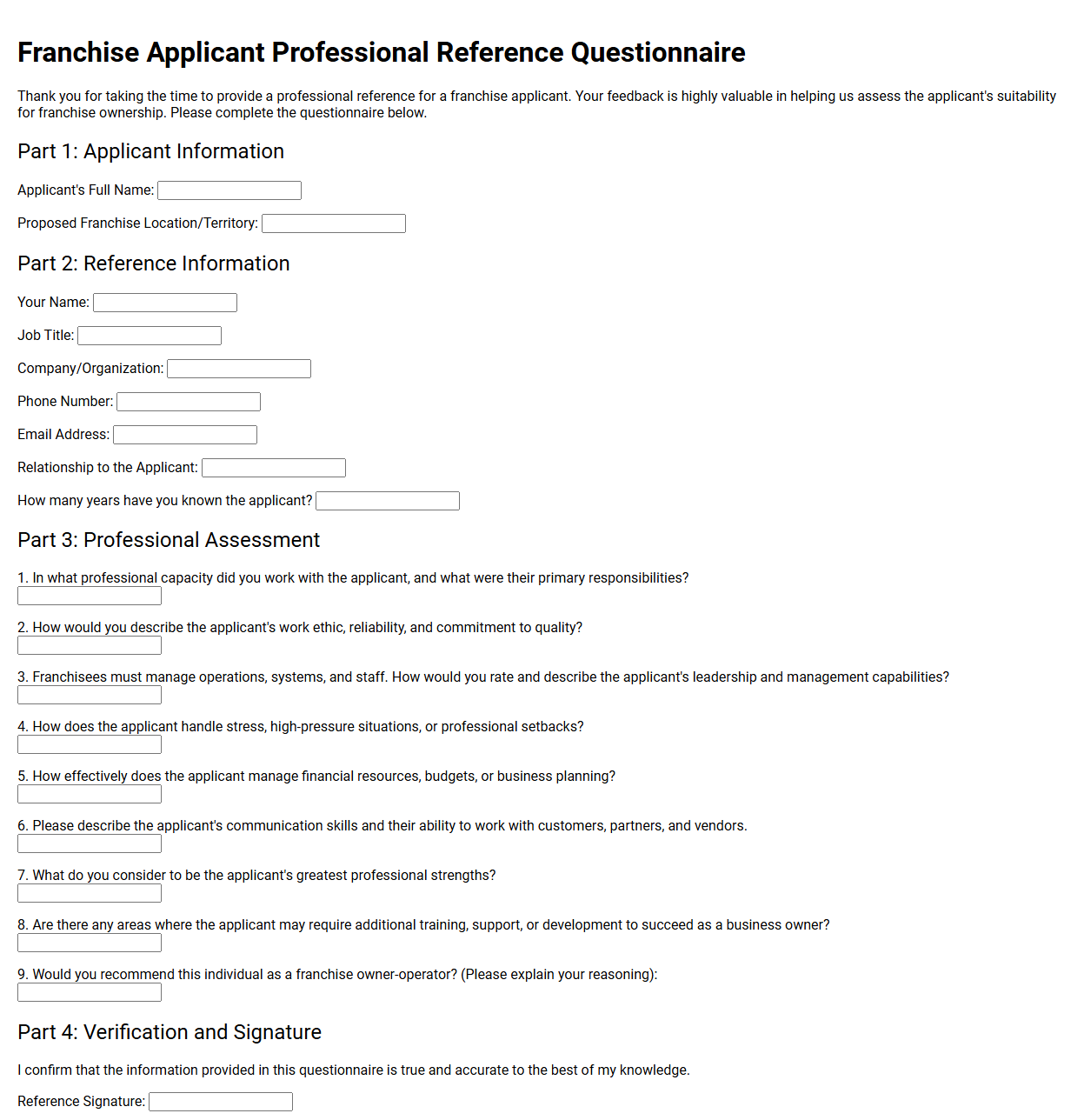 Franchise Applicant Professional Reference Questionnaire