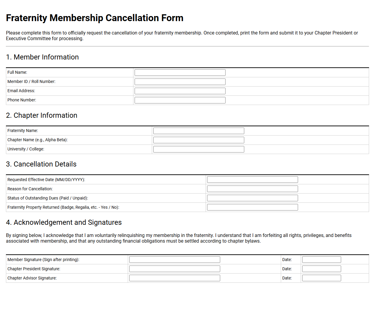 Fraternity Membership Cancellation Form Template