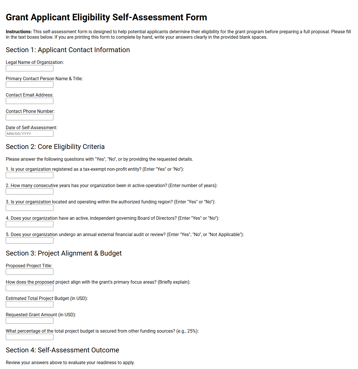 Grant Applicant Eligibility Self-Assessment Form