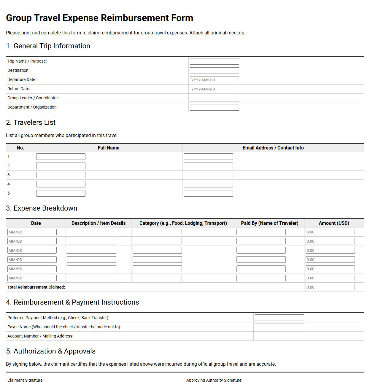 Group Travel Expense Reimbursement Form