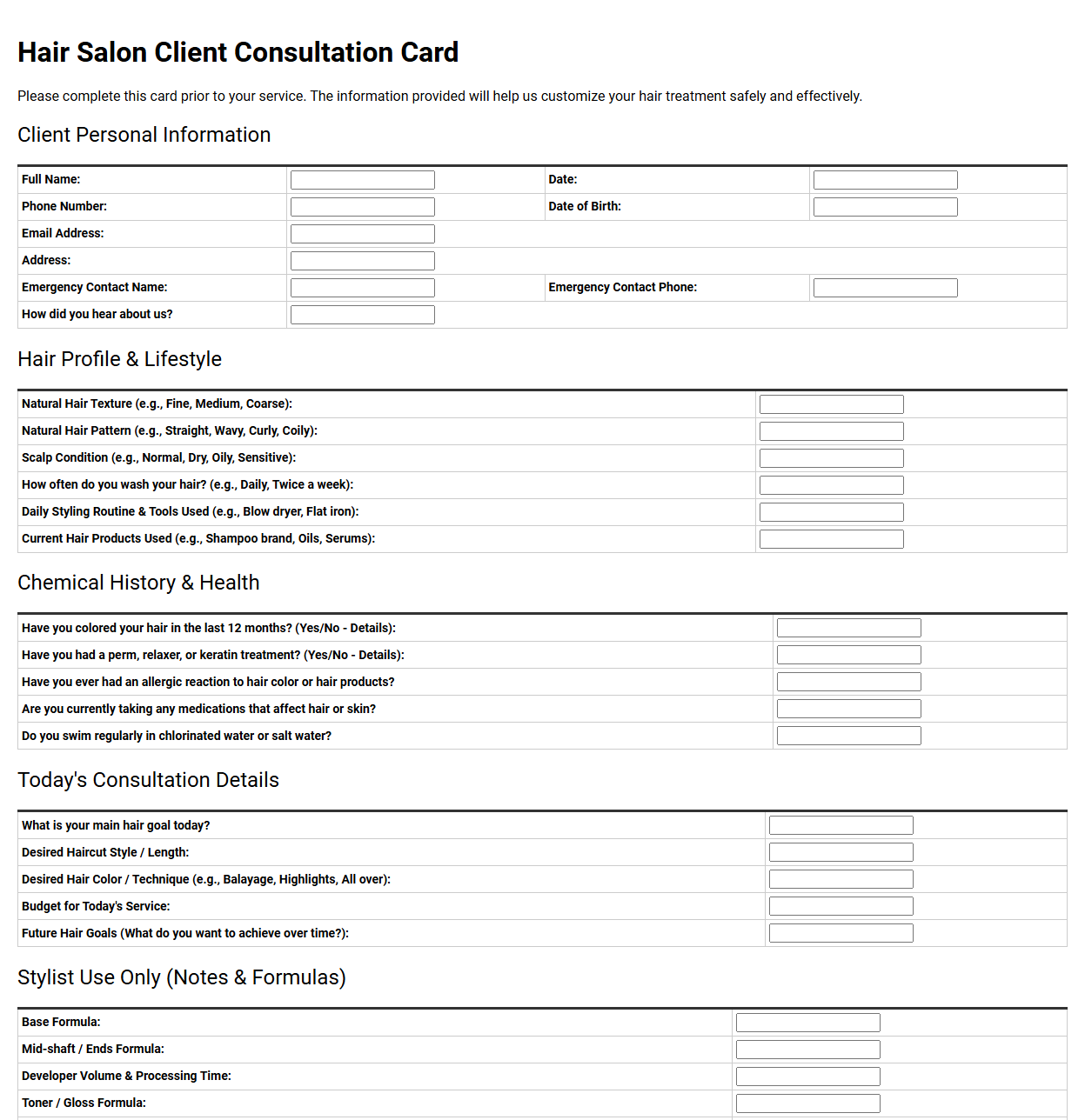 Hair Salon Client Consultation Card Template