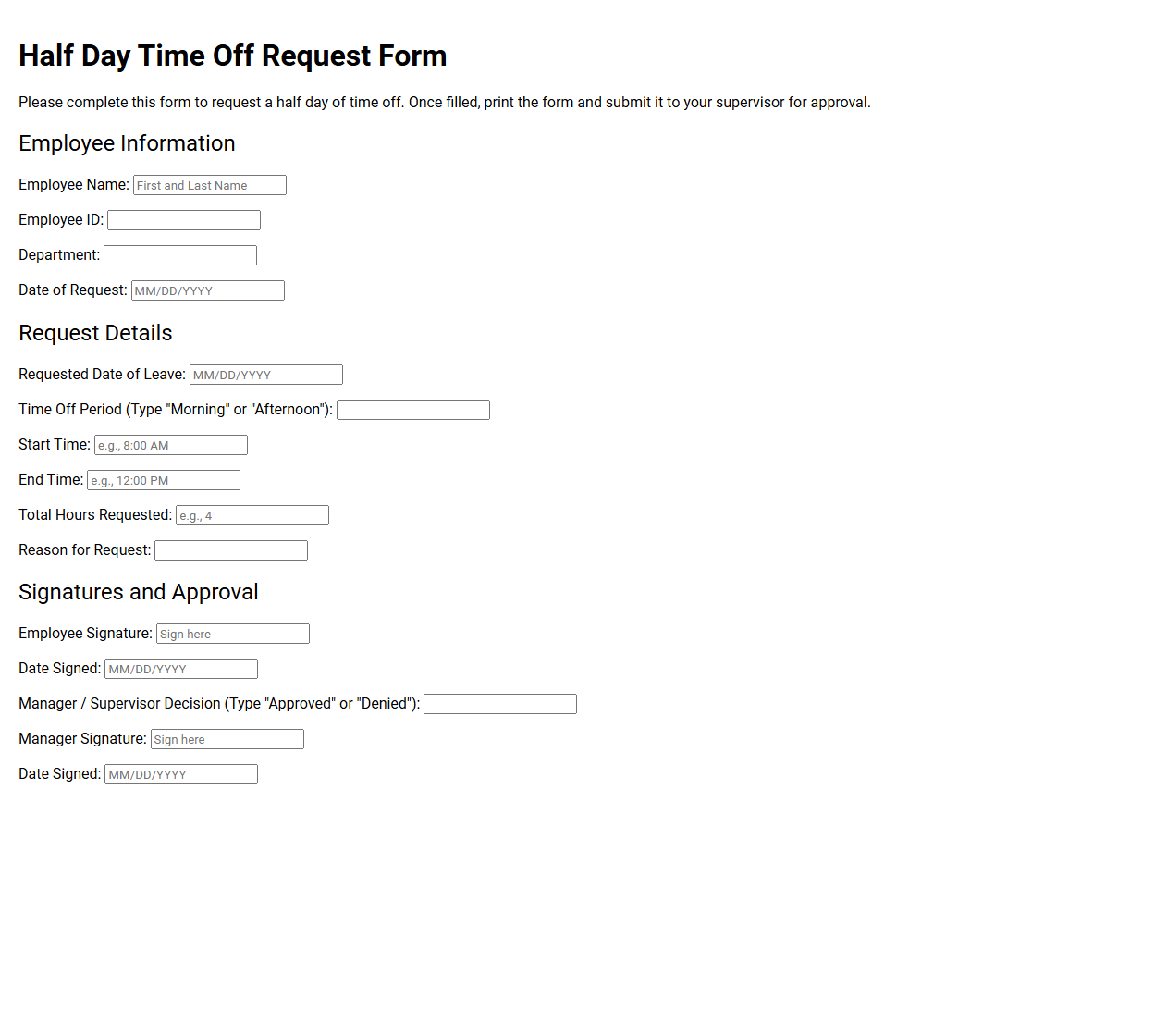 Half Day Time Off Request Form Template