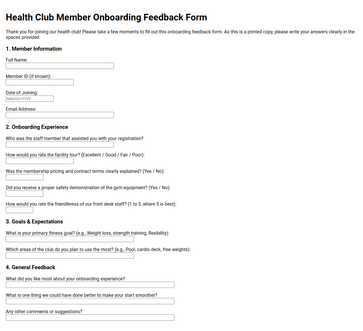 Health Club Member Onboarding Feedback Form