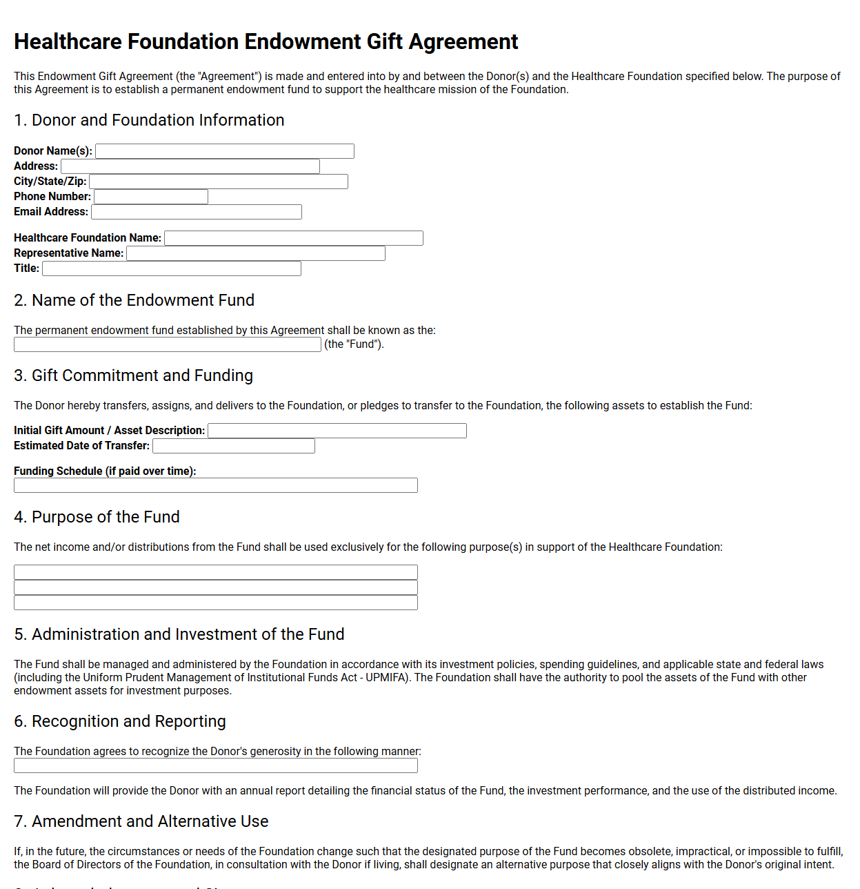 Healthcare Foundation Endowment Gift Agreement Template