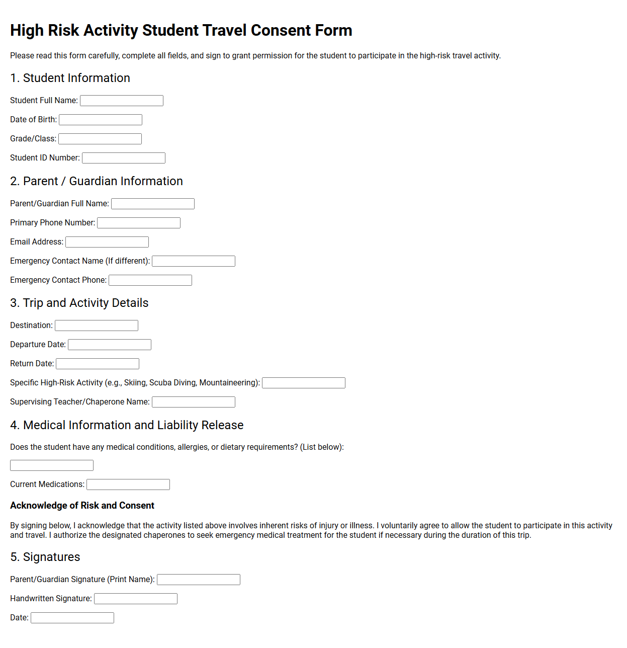 High Risk Activity Student Travel Consent Form