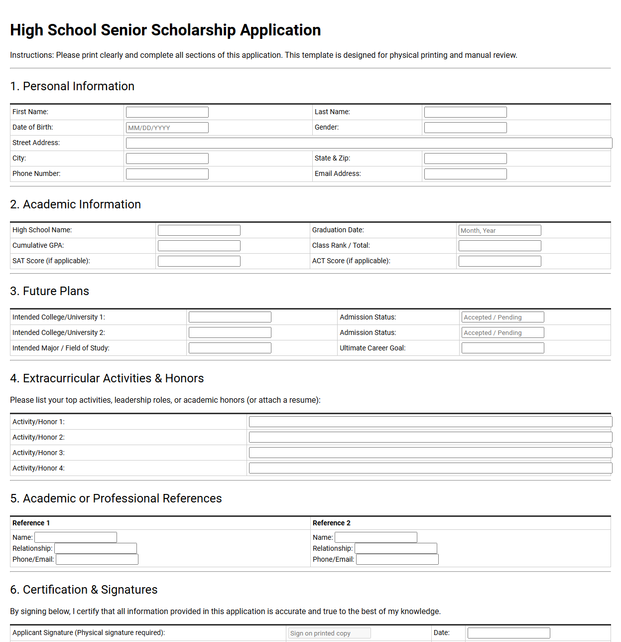 High School Senior Scholarship Application Template