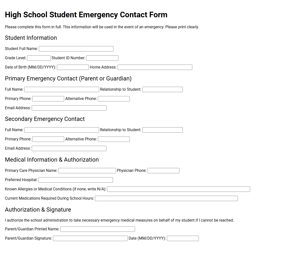 High School Student Emergency Contact Form