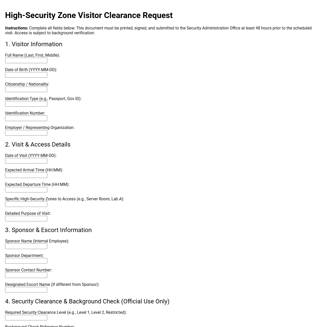 High-Security Zone Visitor Clearance Request