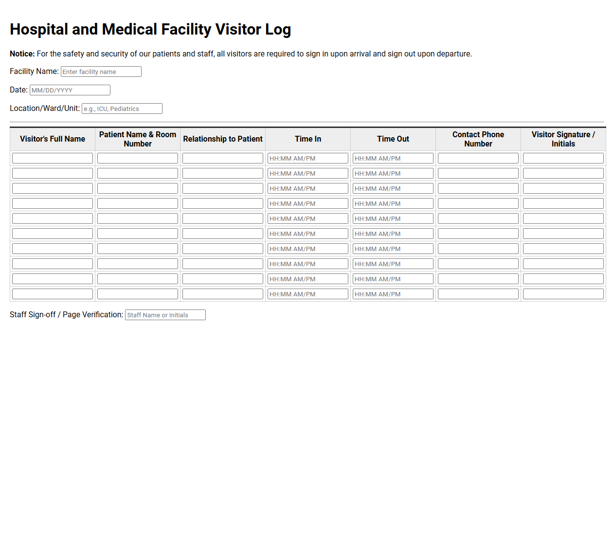 Hospital and Medical Facility Visitor Log