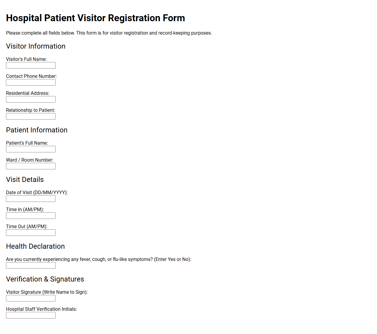 Hospital Patient Visitor Registration Form