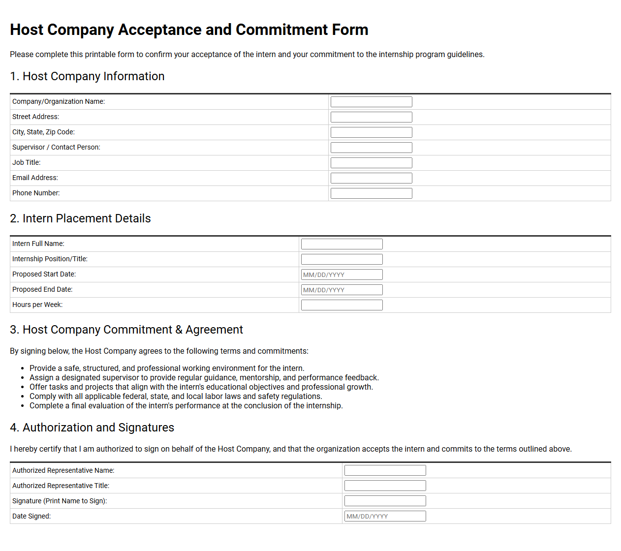 Host Company Acceptance and Commitment Form
