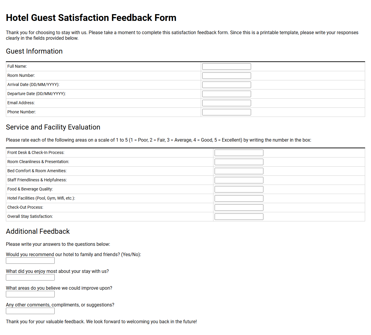 Hotel Guest Satisfaction Feedback Form Template