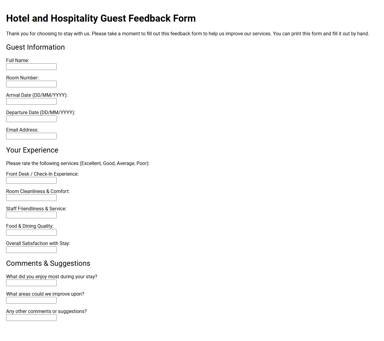 Hotel and Hospitality Guest Feedback Form