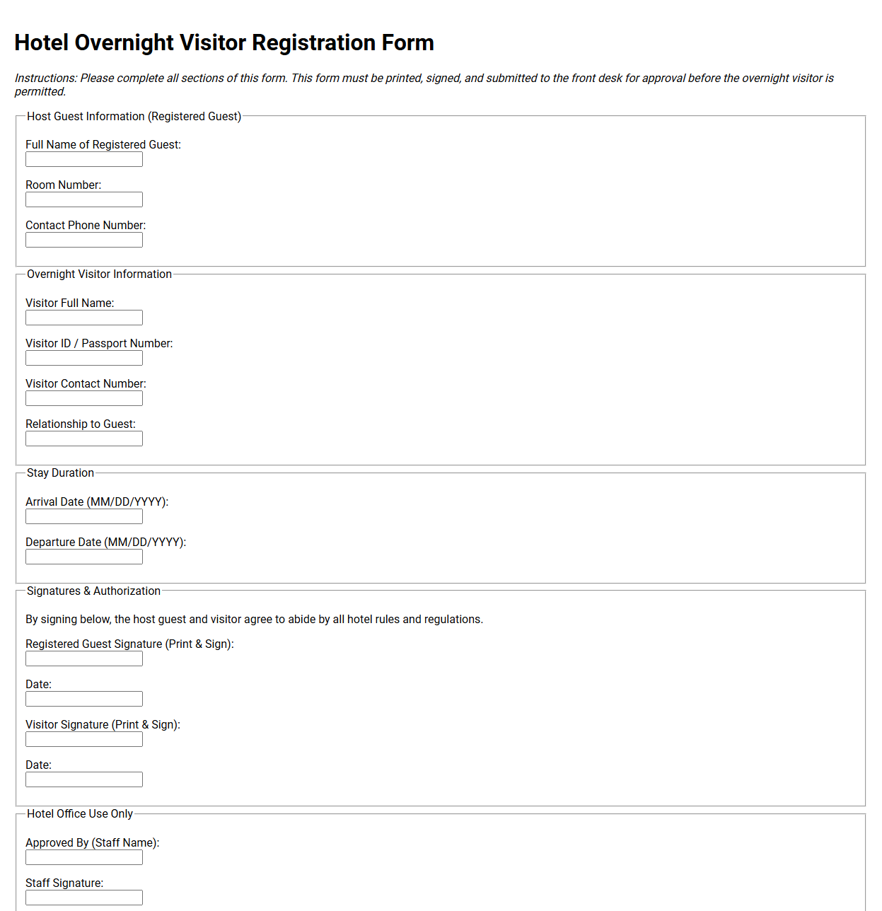 Hotel Overnight Visitor Registration Form