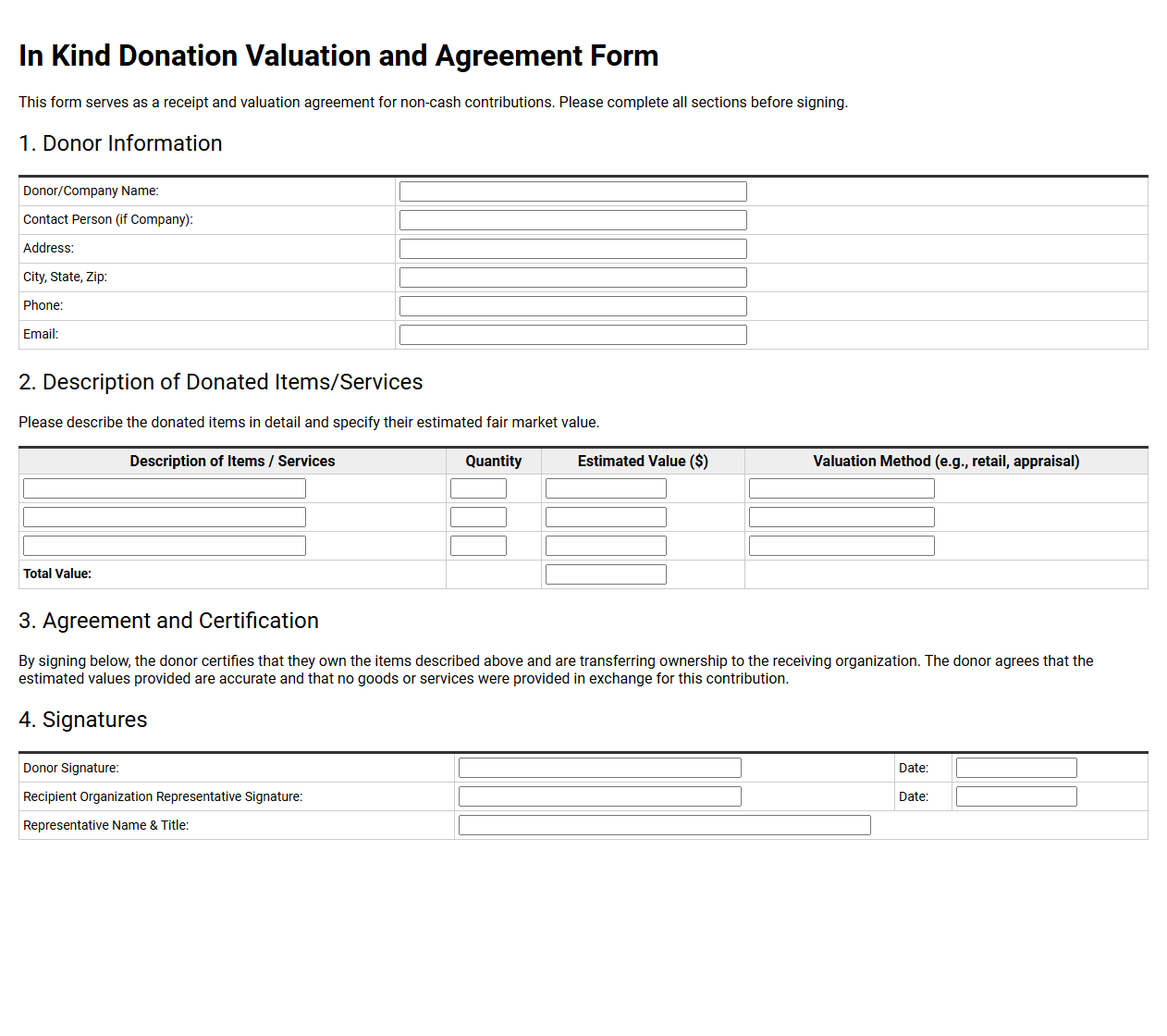 In Kind Donation Valuation and Agreement Form