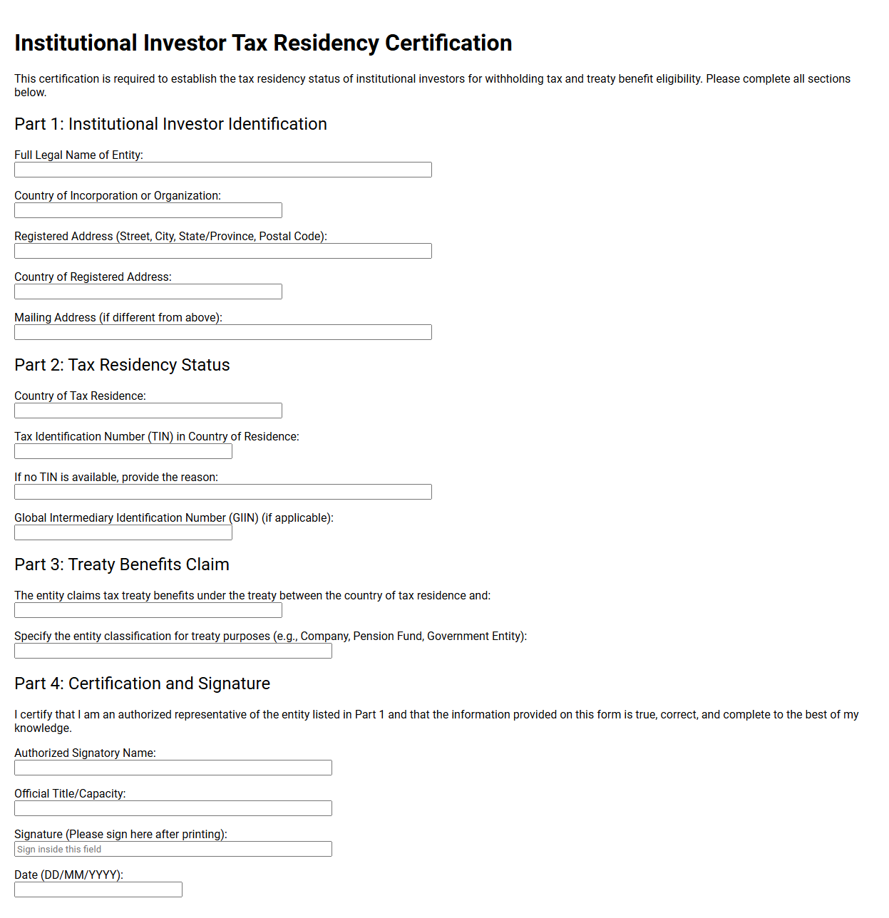 Institutional Investor Tax Residency Certification