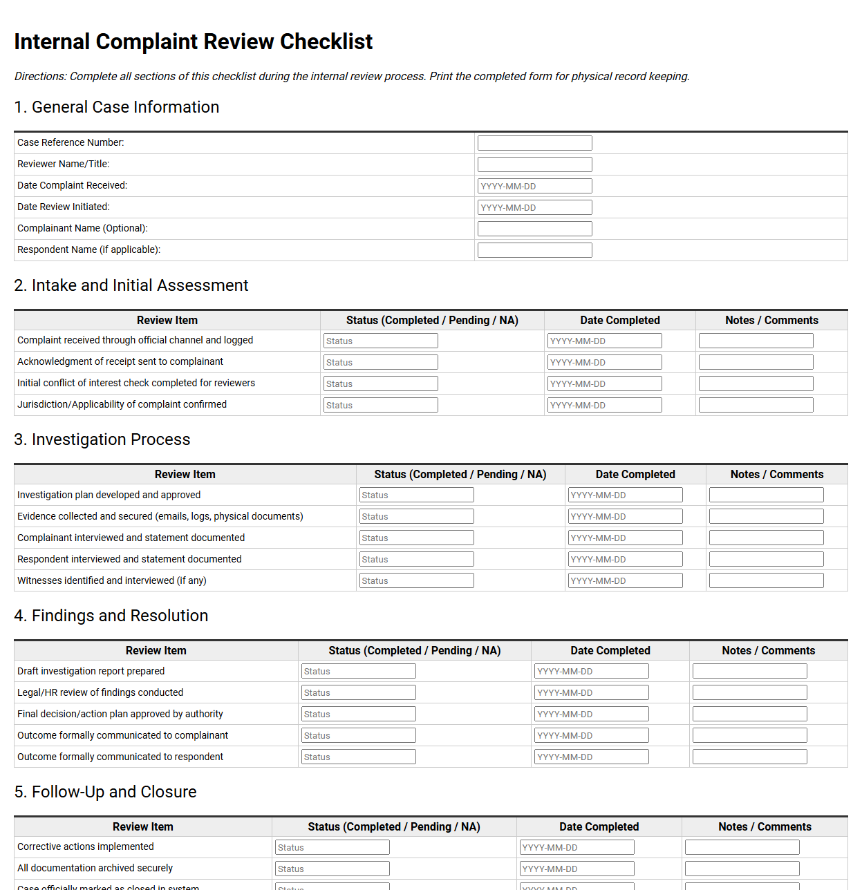 Internal Complaint Review Checklist