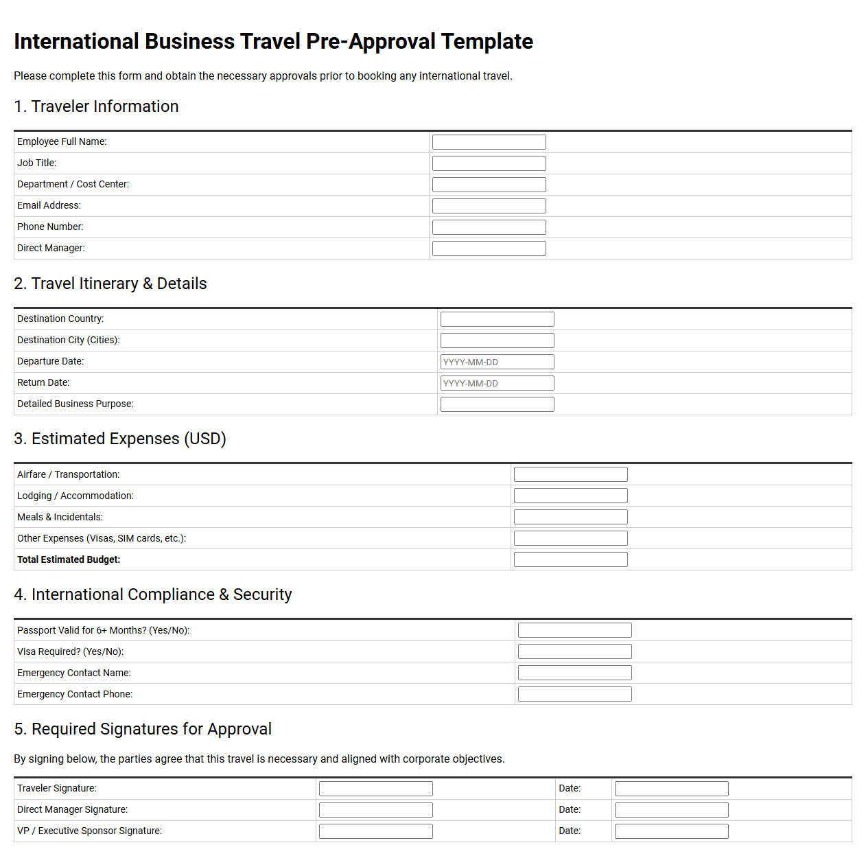 International Business Travel Pre-Approval Template
