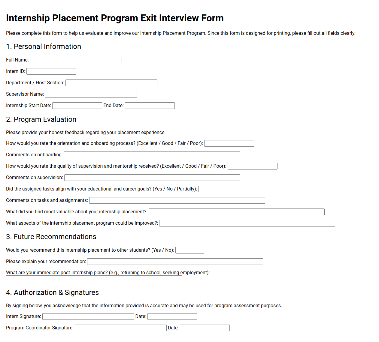 Internship Placement Program Exit Interview Form