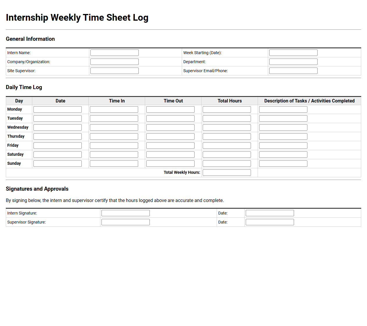 Internship Weekly Time Sheet Log