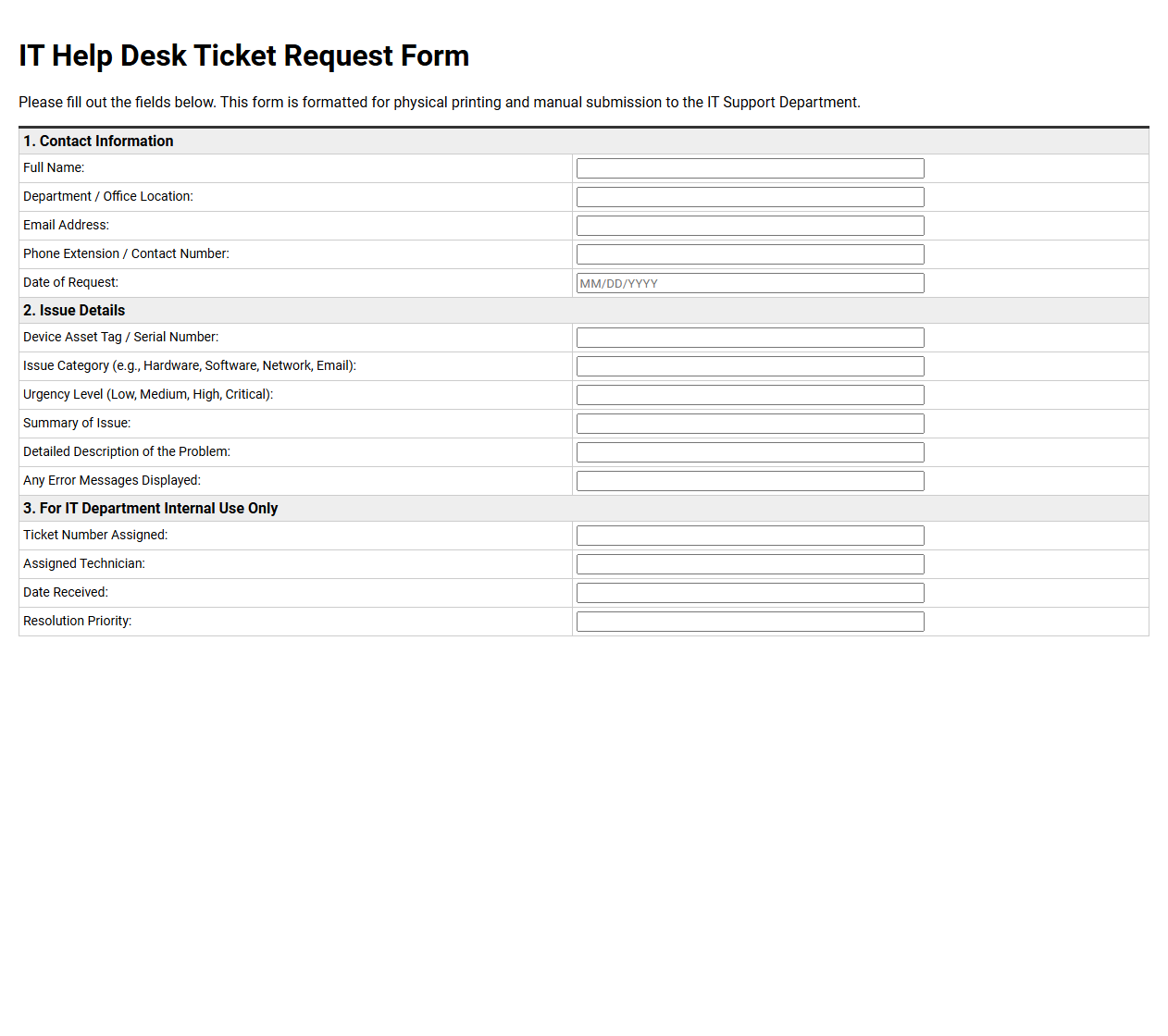 IT Help Desk Ticket Request Form