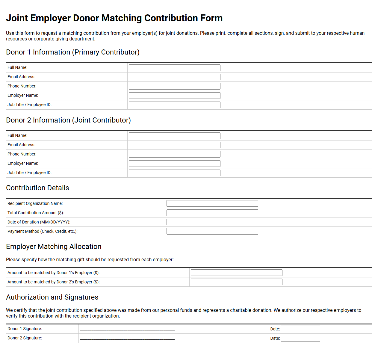 Joint Employer Donor Matching Contribution Form