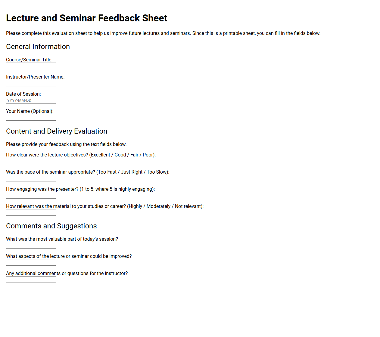 Lecture and Seminar Feedback Sheet