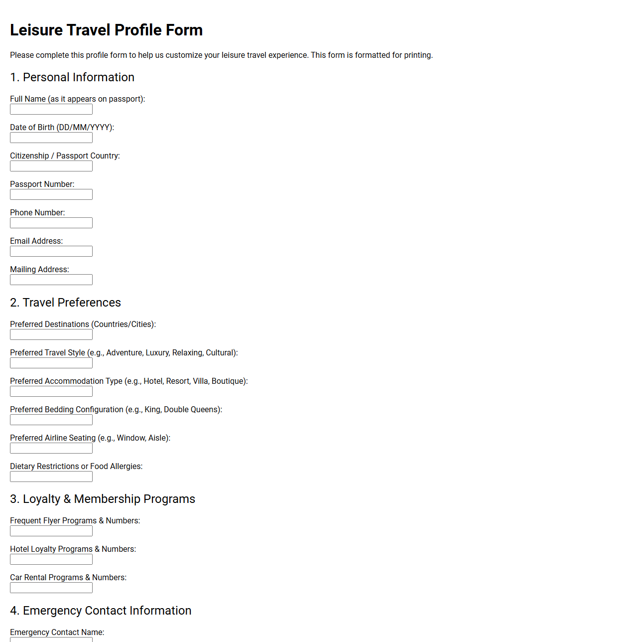 Leisure Travel Profile Form