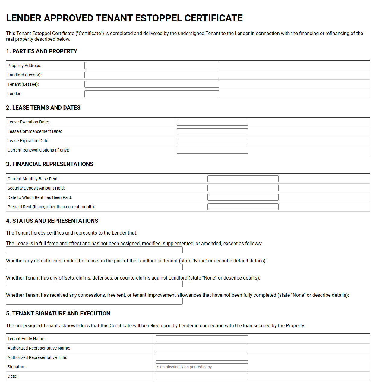 Lender Approved Tenant Estoppel Form