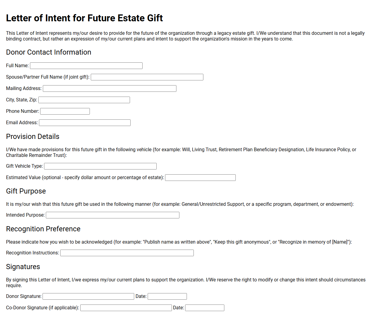 Letter of Intent for Future Estate Gift