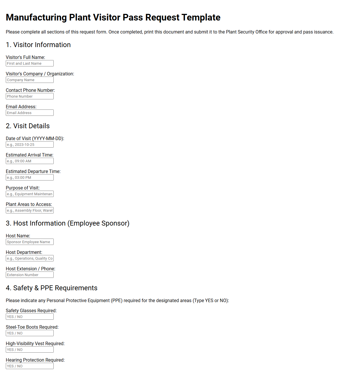 Manufacturing Plant Visitor Pass Request Template