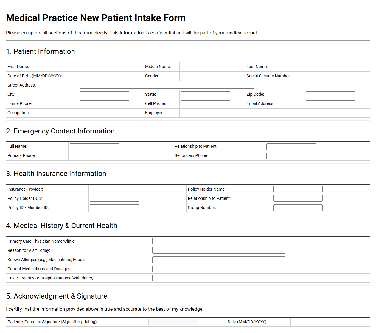 Medical Practice New Patient Intake Form