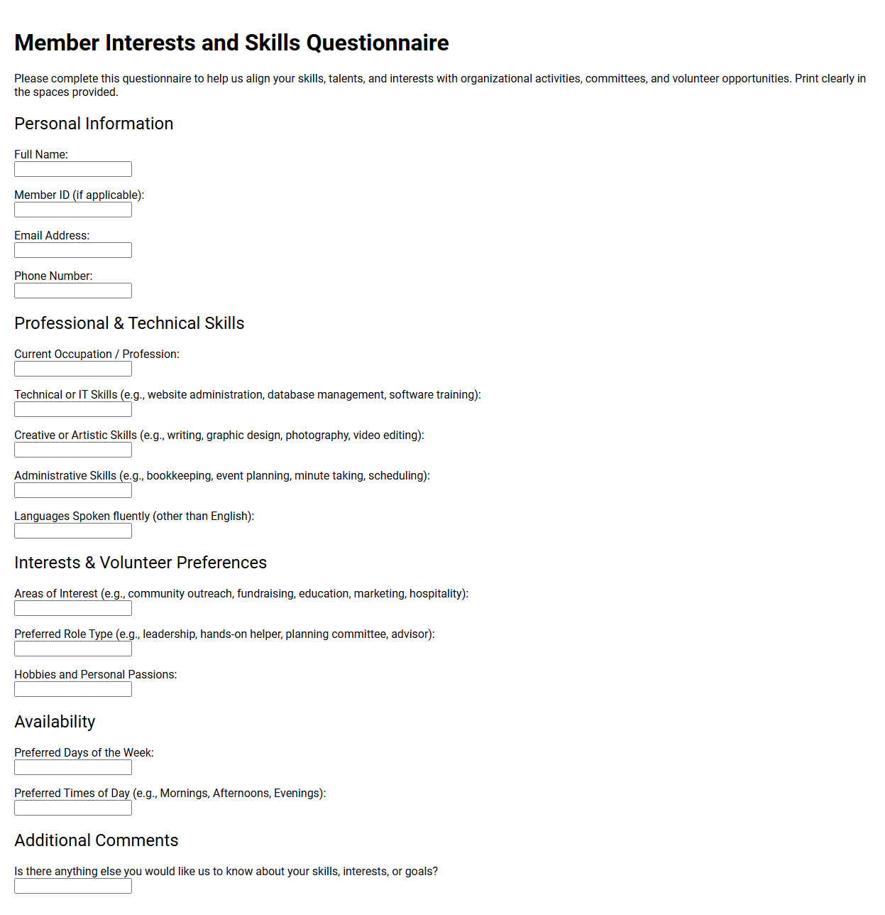 Member Interests and Skills Questionnaire