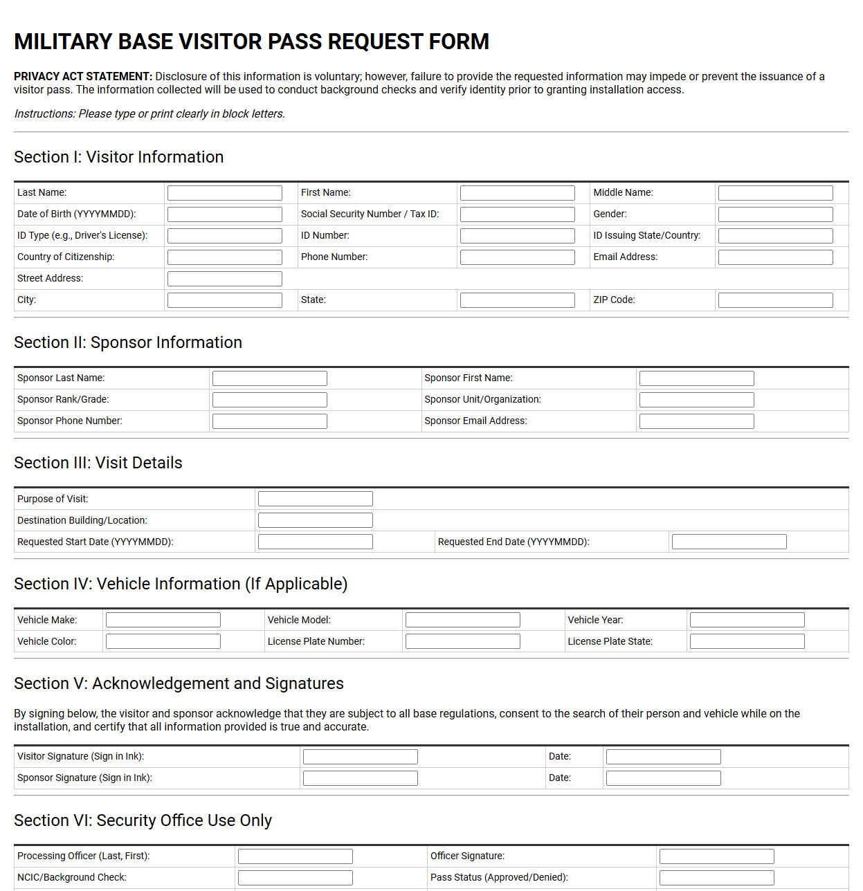Military Base Visitor Pass Request Form