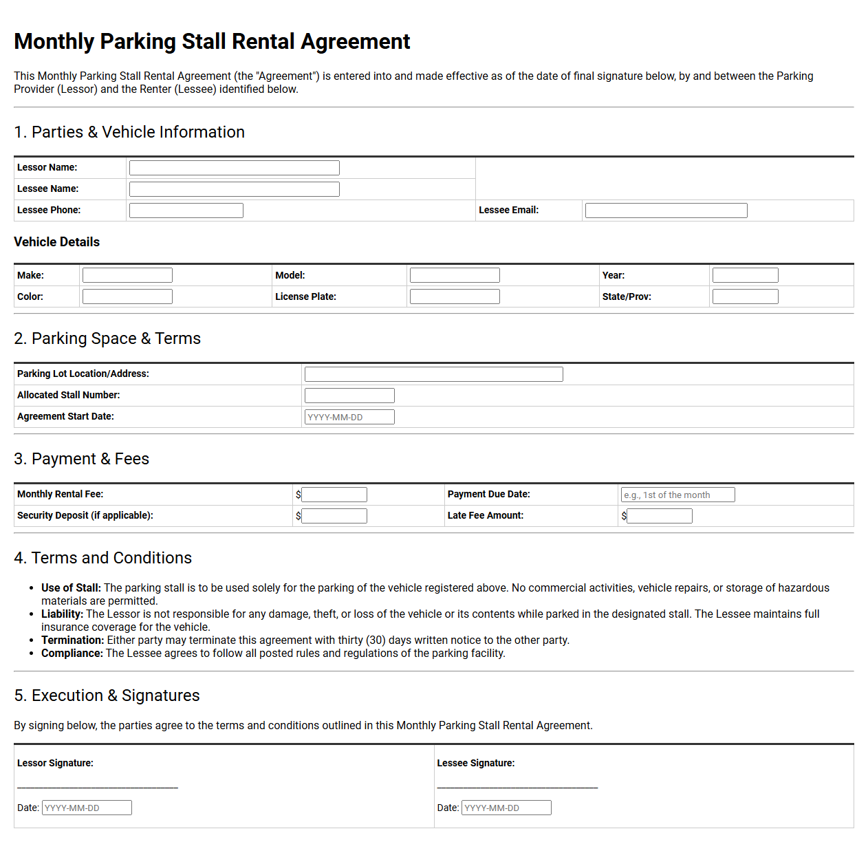 Monthly Parking Stall Rental Contract Template