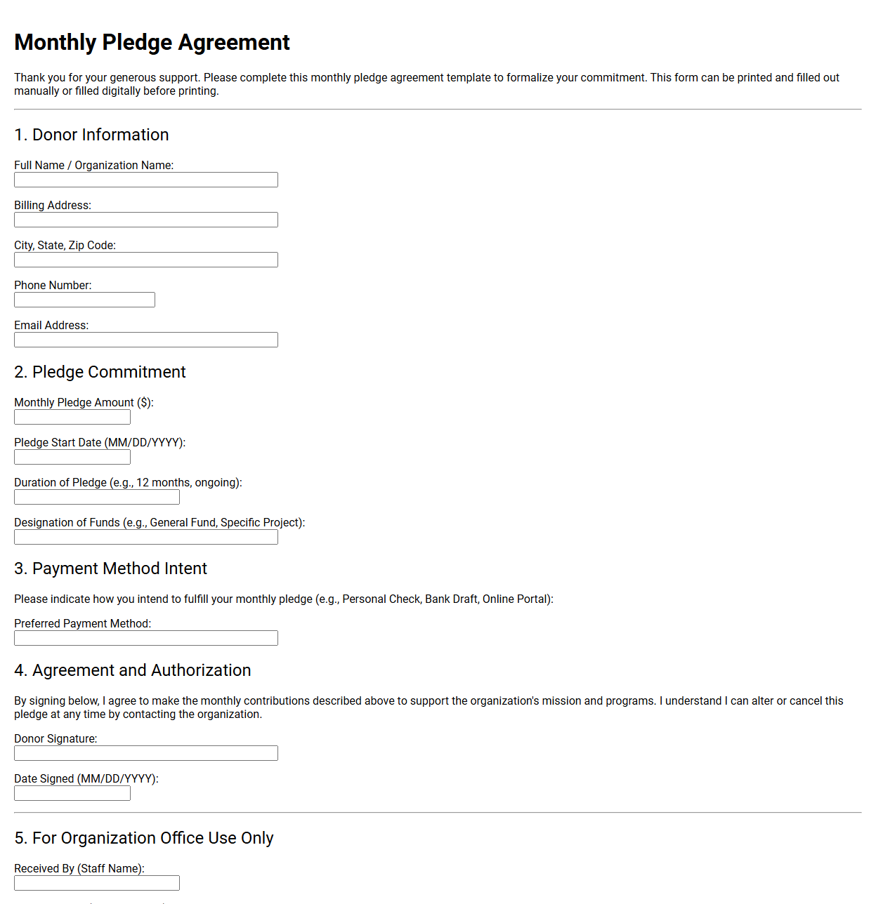 Monthly Pledge Agreement Template