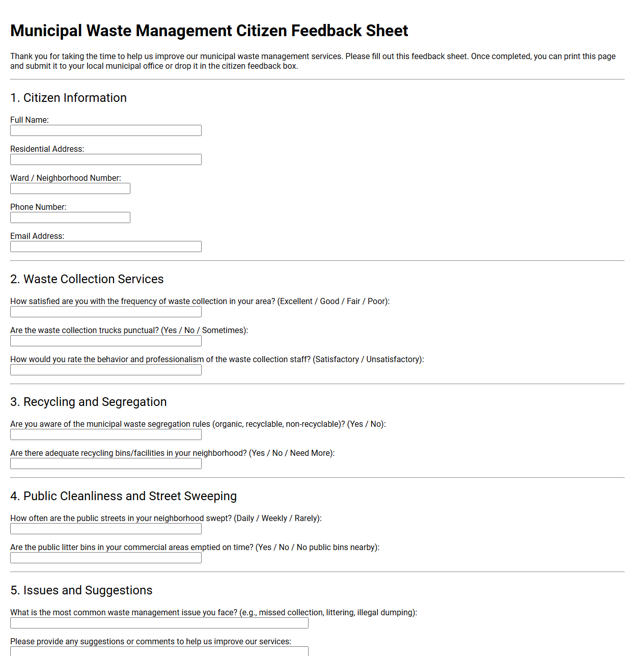 Municipal Waste Management Citizen Feedback Sheet