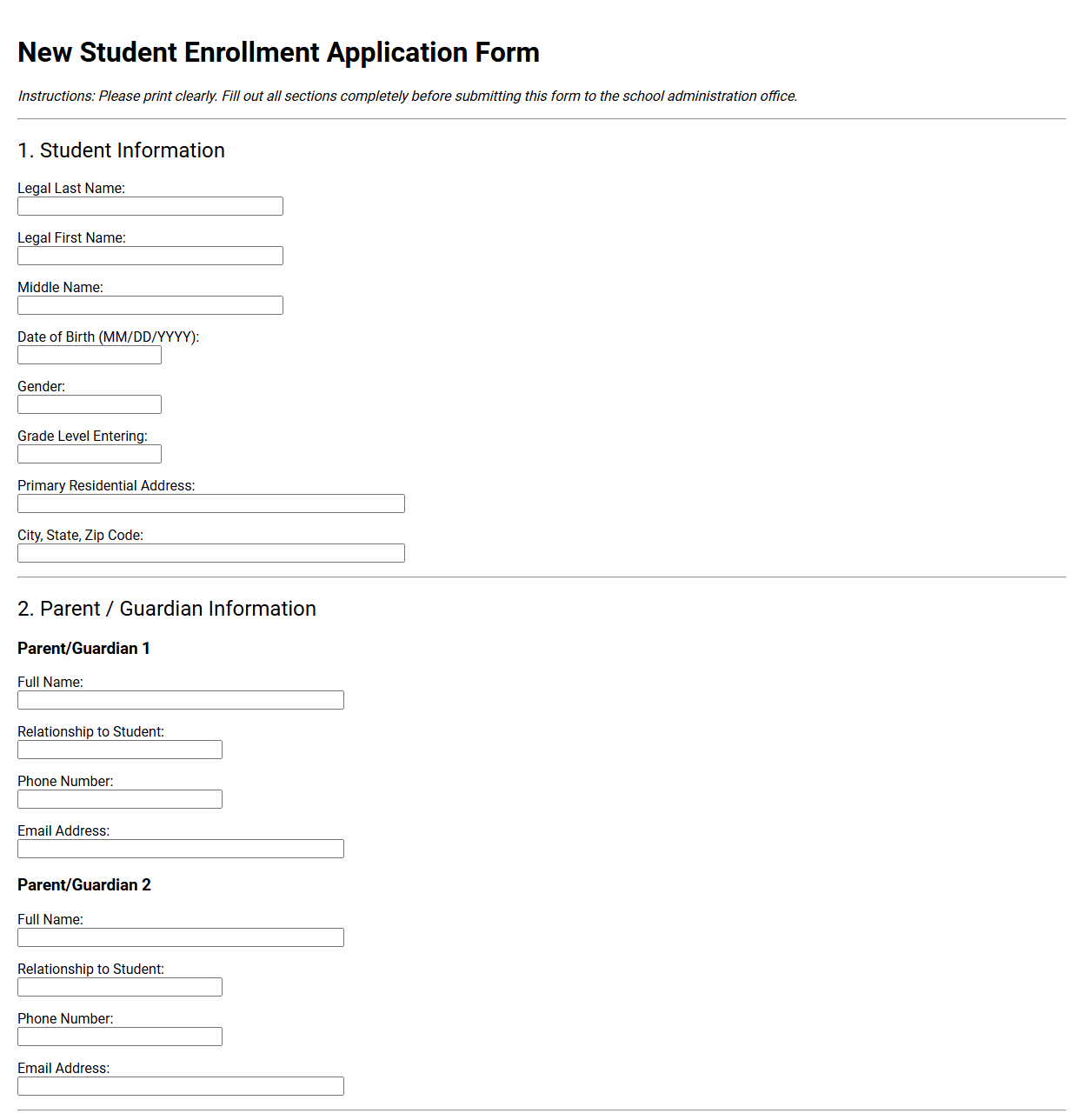 New Student Enrollment Application Form