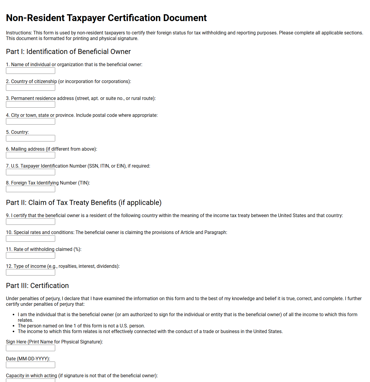 Non Resident Taxpayer Certification Document