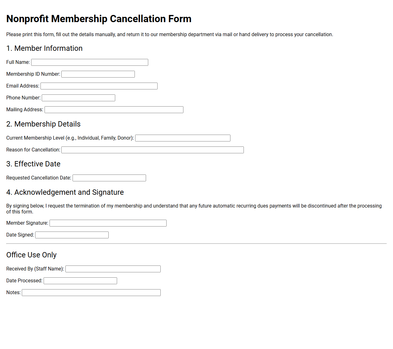 Nonprofit Membership Cancellation Form Template