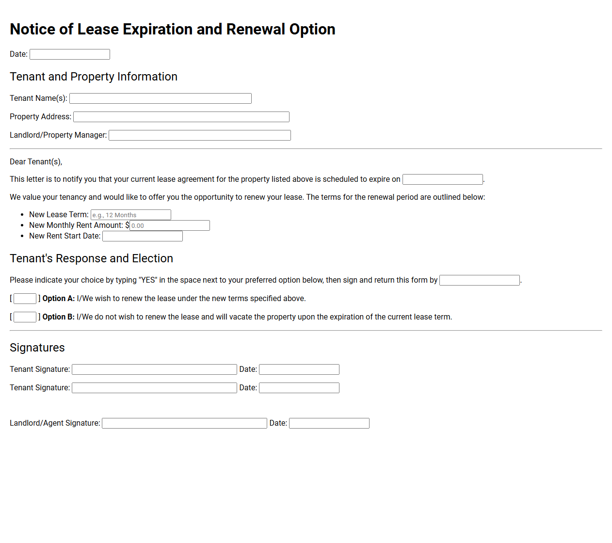 Notice of Lease Expiration and Renewal Option