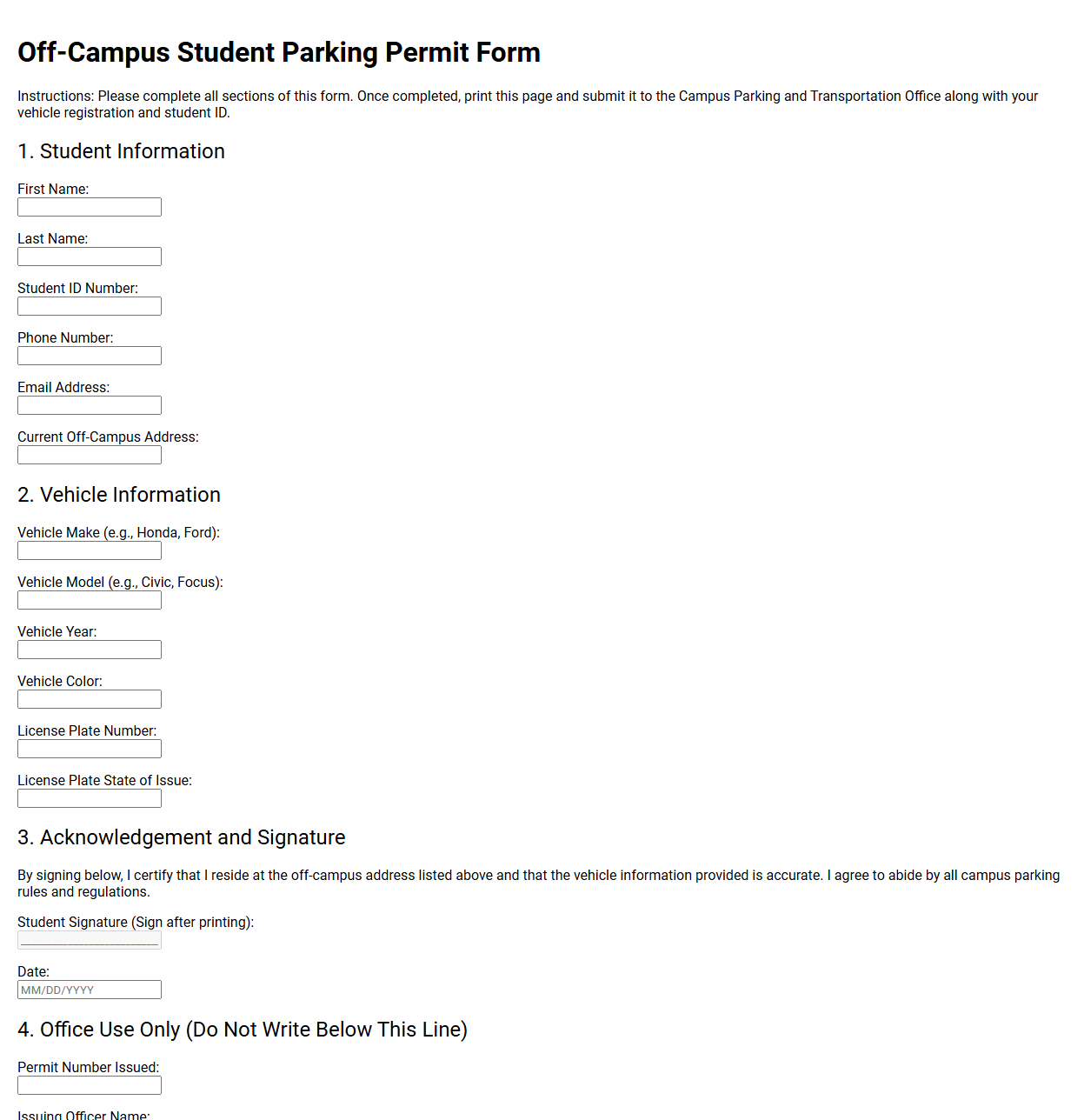 Off-Campus Student Parking Permit Form