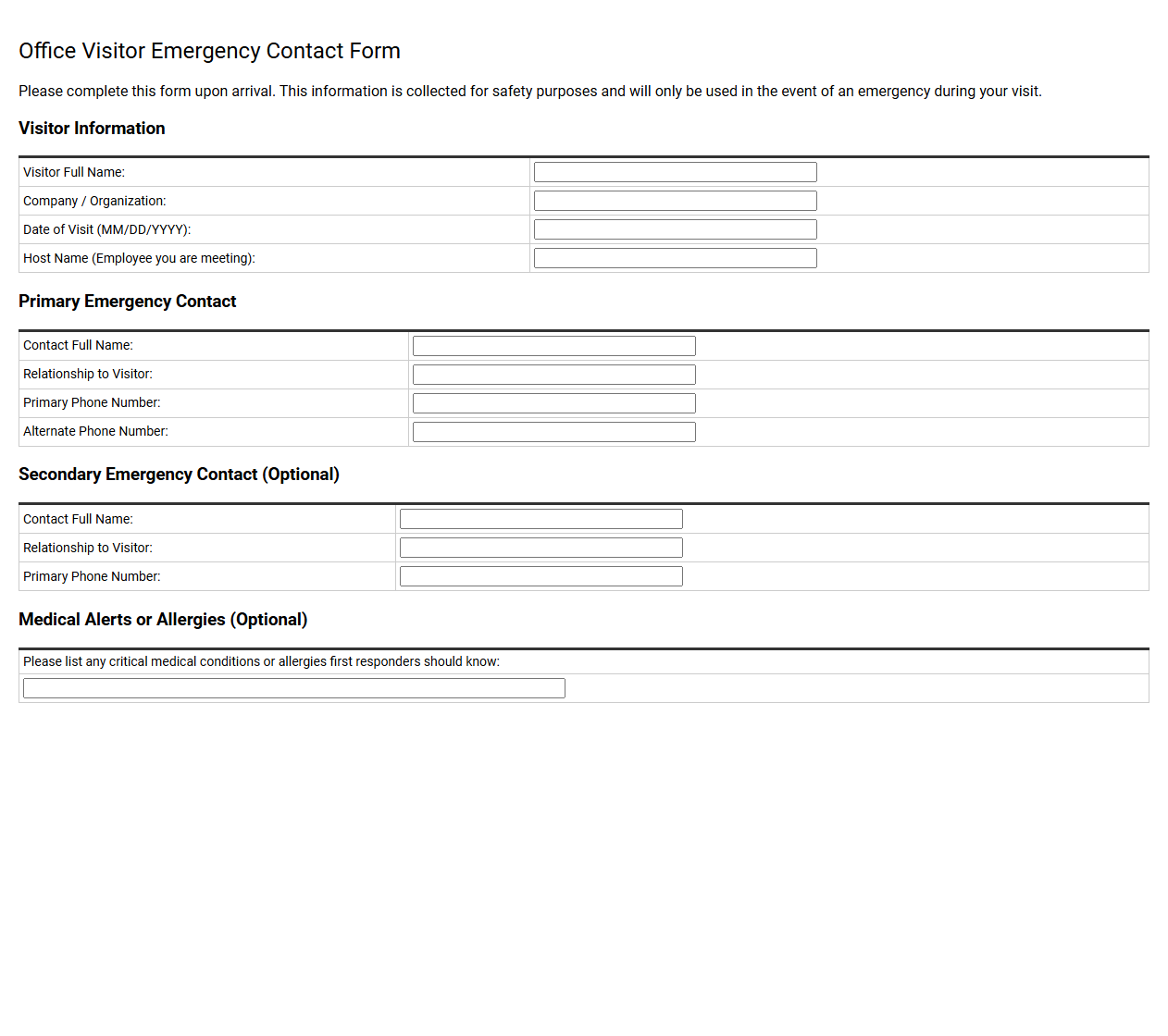 Office Visitor Emergency Contact Form