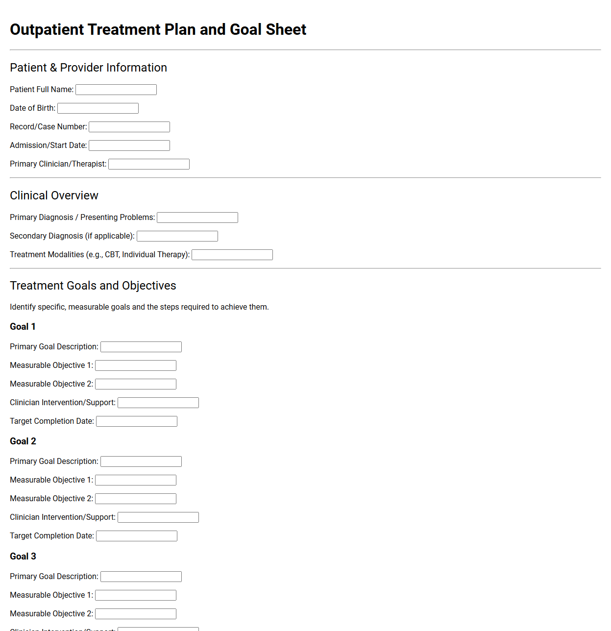 Outpatient Treatment Plan and Goal Sheet