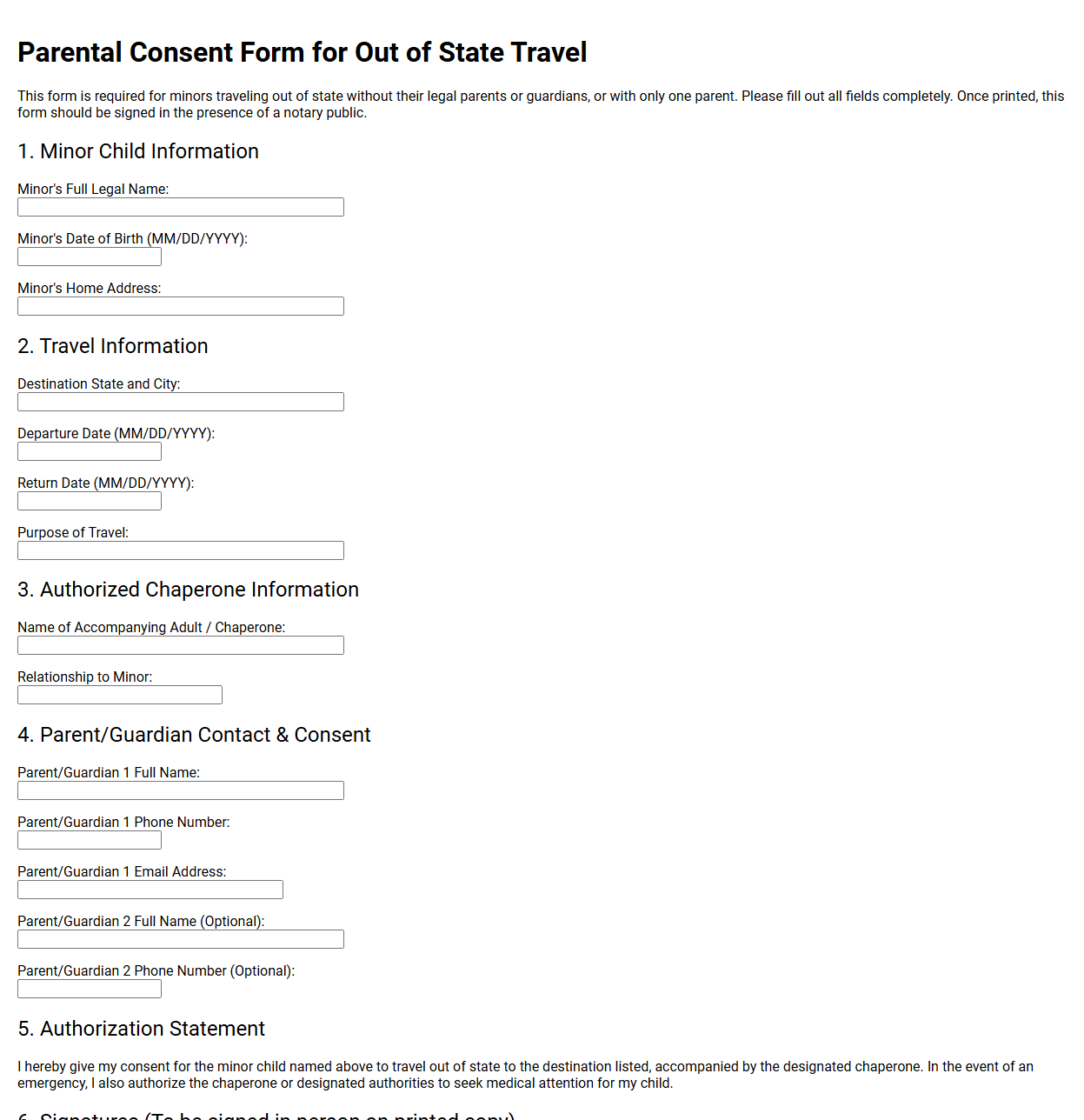 Parental Consent Form for Out of State Travel