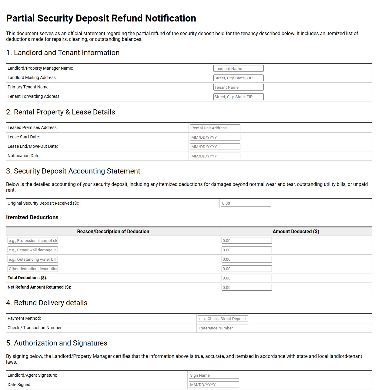 Partial Security Deposit Refund Notification